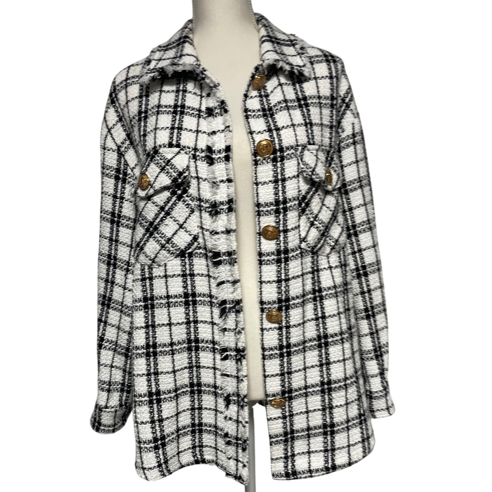 Urban Daizy Black‎ White Plaid Gold Button Tweed Shirt Jacket Womens Large
